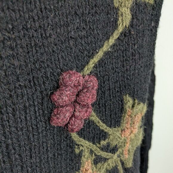 Vintage Floral Sweater M Black Wool 90s Roll Collar Cable 3D Knit Whimsigoth - Picture 6 of 11